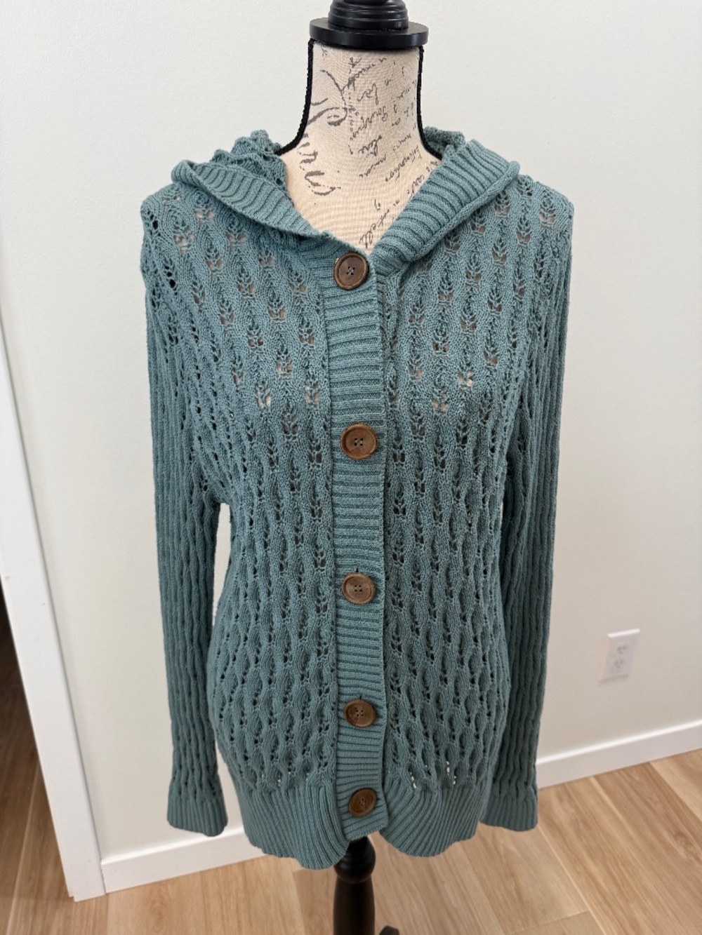 Teal Cable Knit Hooded Cardigan Openwork 100% Cotton Sweater Evy’s Tree Large